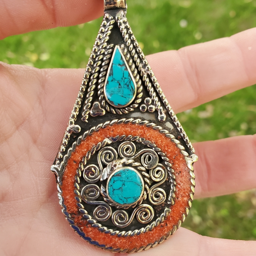 New Turquoise and Red Coral 925 Silver Pendant.